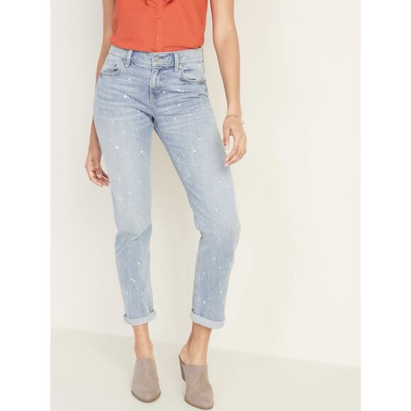 Old Navy Sz 16 Boyfriend Straight Jeans Mid Rise Bleach Spots Light Wash Stretch - Picture 1 of 16